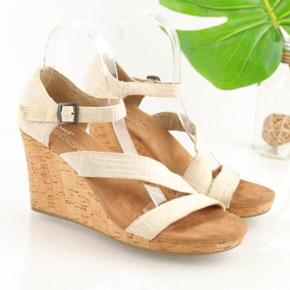 TOMS Womens Clarissa Sandal Size 9 Tan Strappy Linen Cork Wedge Platform Boho - Picture 12 of 12